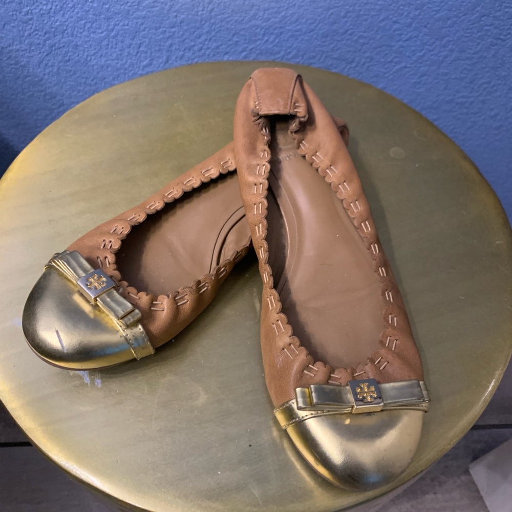 Tory Burch Brown Flats with Gold Accents